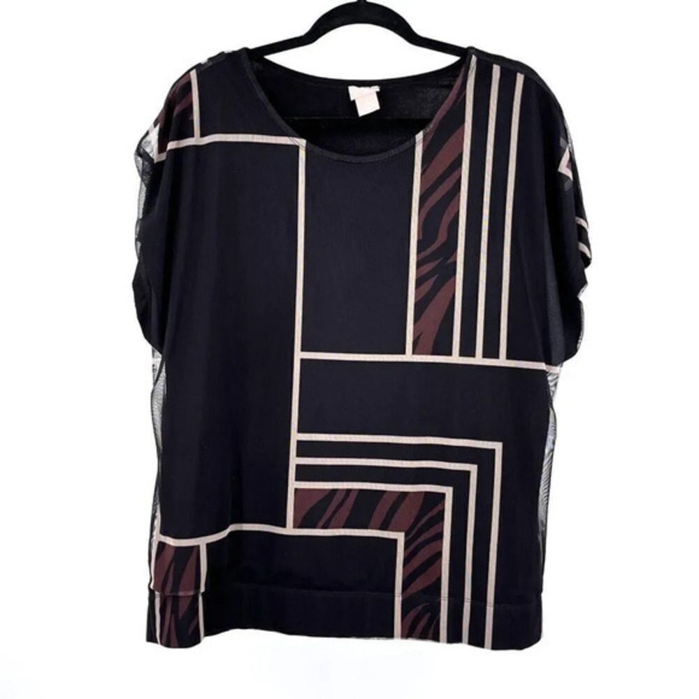 Chico's Colorblock Mesh Top Size L Dolman Sleeves Partial‎ Zebra Print Career